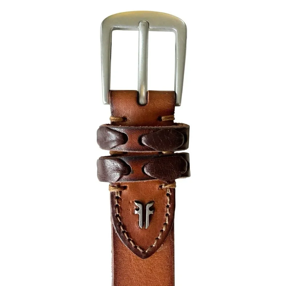 Frye Cognac Leather Belt Silver Buckle Womens Small Woven Detail Style 34DC053
